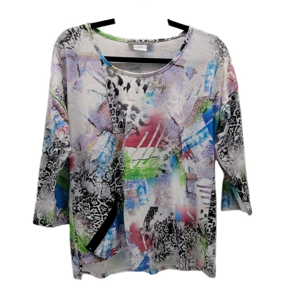 Via Ritina Women's Abstract Animal Print 3/4 Sleeve Scoop Neck Top Size M
